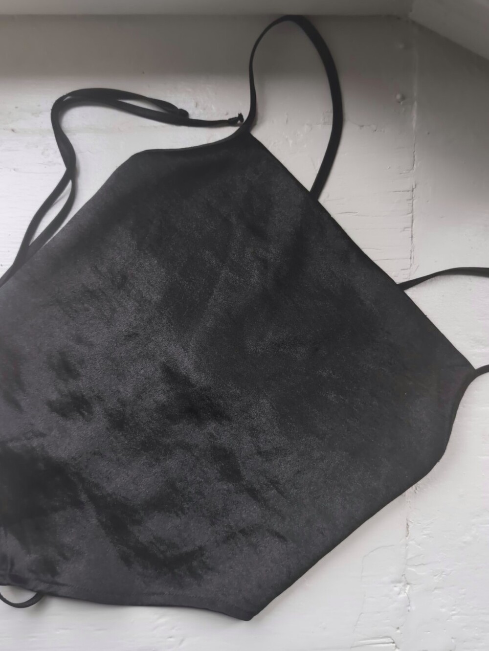 Black shiny tie back triangle tank top